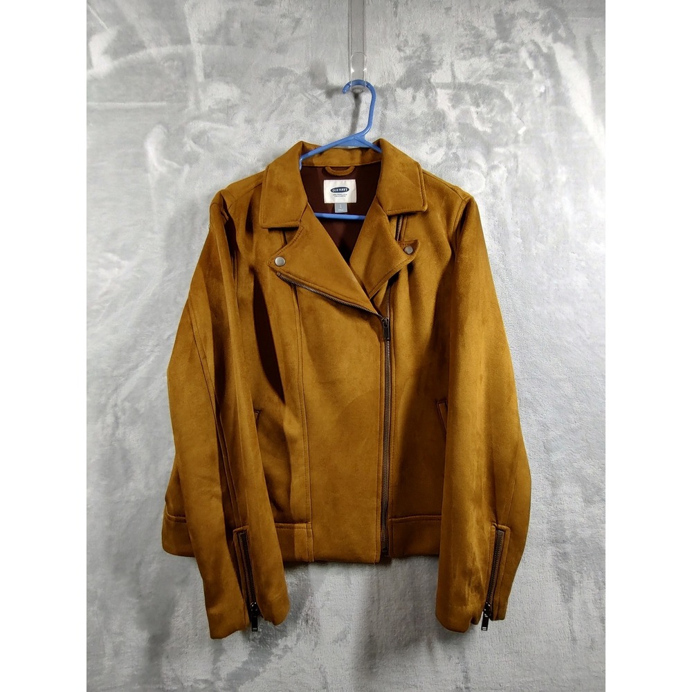 Old Navy Womens Faux Suede Moto Jacket Mustard Tan Caramel Size L Zippered Cuffs
